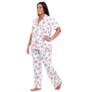 Plus Size Short Sleeve & Pants Tropical Pajama Set: 1X / White/Blue
