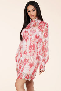 Smudge Print Coral Lace Mini Dress