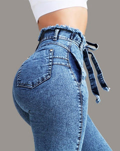 Solid high waist paperbag waist jeans