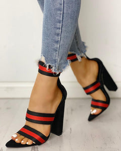 Stripes Tape Open Toe Chunky Heeled Sandals