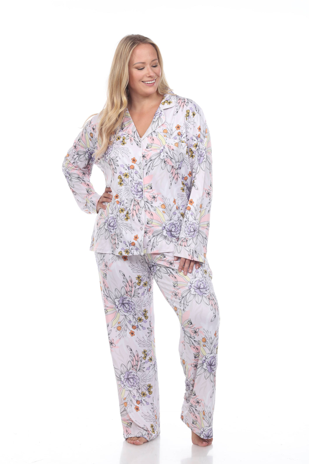 Plus Size  Long Sleeves Floral Pajama Set: 3X / Grey Flower