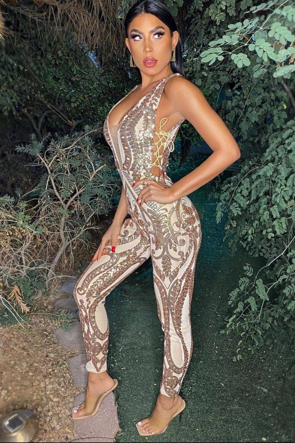 Epic Gold Luxe Deep Plunge Illusion Tie Sequin Mesh Embellished Jumpsuit