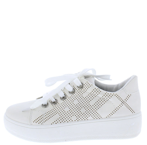 Briana01 White Perforated Lace Up Platform Sneaker Flat
